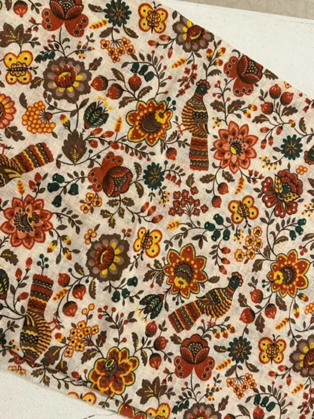 VINTAGE Fabric 1970s Folk Pheasant Butterfly 1 1/2 y long x 1 y wide